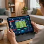 Nowgoal user placing real-time bets on a tablet while evaluating odds in a cozy home setting