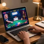 Player engaging in an exciting online poker game at home while using 88clb with strategy notes nearby.