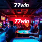 Exciting scene of players engaged in 77win online gambling games, showcasing a vibrant atmosphere.
