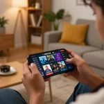 MMLIVE app interface displayed on a smartphone during an engaging online gaming session in a cozy home
