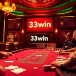 Experience the thrill of 33win at a vibrant poker table with colorful lights and intense players.