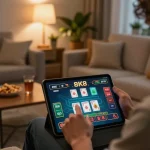 Player enjoying 8K8 live dealer games on a tablet in a cozy home setting, capturing a relaxed gaming atmosphere.