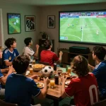 Friends enjoying an exciting match during a Nowgoal sports betting gathering with excitement visible and snacks around.