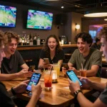 Engaged friends placing bets on sports at a lively bar while using the CM88 platform for online gambling.