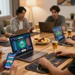 In a cozy home setting, luck8 players enjoy online gaming with real-time interactions on laptop and smartphone.