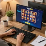 Taya365 player betting on an online casino app in a cozy home setting with gaming interface displayed.
