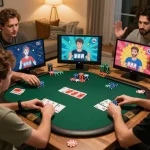 lc888 players enjoying an online poker game in a cozy living room setting with vibrant cards and chips displayed