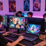 Engaging scene of players enjoying hentai games on multiple devices with vibrant anime graphics.