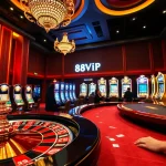 Players engaging in thrilling gambling experiences at 68VIP casino with vibrant slot machines and poker table.