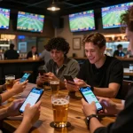 Engaging scene of sports fans placing bets at NHÀ CÁI F168, showcasing betting excitement and camaraderie.