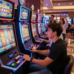 Players enjoying slots at go88 go88fc.com, vibrant casino atmosphere with colorful machines.