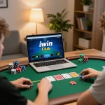 Experience iwin club poker gameplay at home on a laptop with dynamic card visuals and strategic excitement