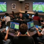 Fans using smartphones to place bets on sunwin while watching live sports in a modern lounge setting.