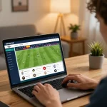 Engaging with live SOCOLIVE soccer betting odds on a laptop in a cozy home environment.