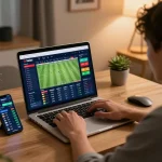 Xoilac user engaging in online sports betting at home with live match updates and betting odds interface.