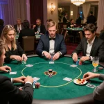 Intense poker gameplay at a stylish casino event with vipwin, showcasing players strategizing and competing