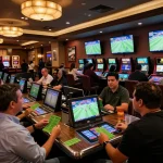 Engaging scene of patrons at a busy sports betting area, enjoying live action with god55 sports updates visible on screens