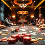 Spannende casinospiele an einem attraktiven Spieltisch mit Chips und Karten.