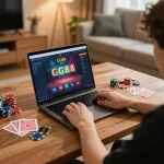 Engaging in online gaming with GG88, showcasing a vibrant laptop interface surrounded by gaming accessories