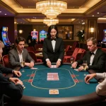 Engaged players strategizing around a Go 88 poker table in an upscale casino setting