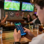 Engaged bettor analyzing tỷ lệ kèo bóng đá on smartphone during live sports event at a lively bar.