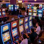 Fun79 players enjoying colorful slot machines and vibrant atmosphere in a lively casino setting.