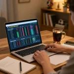 Engaged player analyzing tỷ lệ kèo bóng đá on laptop in cozy home setup, highlighting strategic betting.