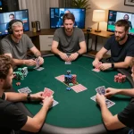 Players engaging in a thrilling online game at MM88, showcasing dynamic poker gameplay in a modern home setting