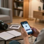 Player using RIKVIP app on smartphone in cozy home setting for online gambling