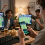 Engaging sports betting moment with kp88 app on smartphone, capturing excitement of live wagering