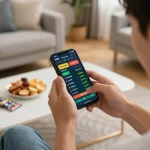 Person using an app for trang cá cược bóng đá with betting odds displayed on smartphone in a cozy setting.