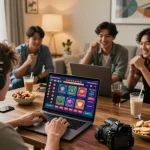 Engaged player enjoying online casino games on 98win vin at home with friends