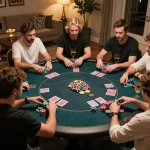 Players enjoying poker night while using the app bl555 to track bets and strategies