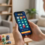 TaiXiuVN user celebrating a win on mobile gambling app in a cozy environment.