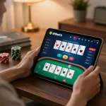 Player enjoying shbet online poker on a tablet in a cozy home setup with gaming strategy notes.