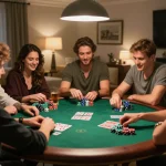Friends enjoying an engaging poker night using the lc88app, showcasing excitement and camaraderie.