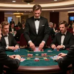 78wind players engage in intense blackjack strategy at a luxurious casino table.