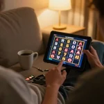 Player spins b52 slots on tablet at home, showcasing the excitement of online gambling