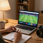 Socolive user engaged in online sports betting with strategic notes and warm atmosphere