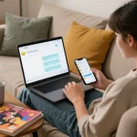 Engaging in a free AI sex chat on a cozy couch, showcasing a digital interaction atmosphere.