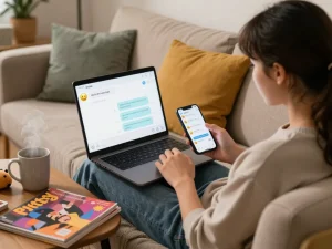 Engaging in a free AI sex chat on a cozy couch, showcasing a digital interaction atmosphere.