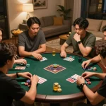 Friends playing game bai doi thuong at home game night with chips and cards on the table