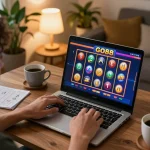 Player engaging in exciting online gaming at GO88, featuring vibrant slot machine display and cozy home environment.