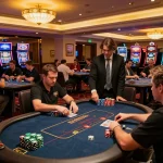 Experience the thrill of playing poker at OKFUN's upscale casino floor with players engaging for big wins.
