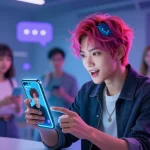 Engaging AI ecchi chat scene with diverse characters interacting, showcasing vibrant digital space.