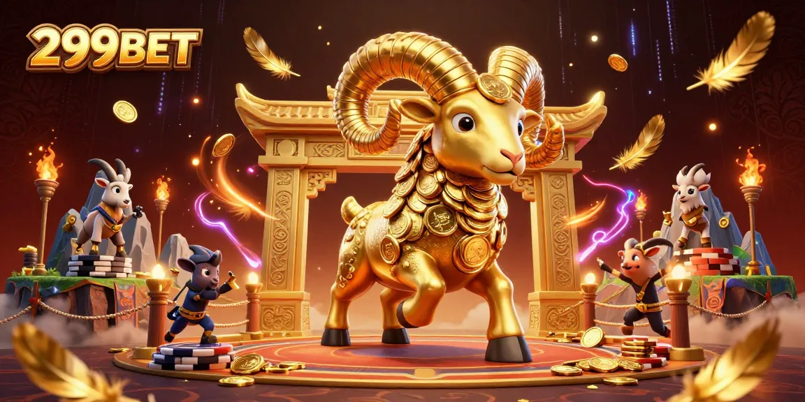 Experience thrilling moments with 299BET as massive golden ram charges towards victory at a vibrant gaming arena.