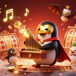 Experience entertaining online gaming with fly88 as golden coins burst from an organ in a vibrant casino scene.