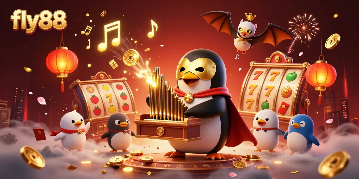 Experience entertaining online gaming with fly88 as golden coins burst from an organ in a vibrant casino scene.