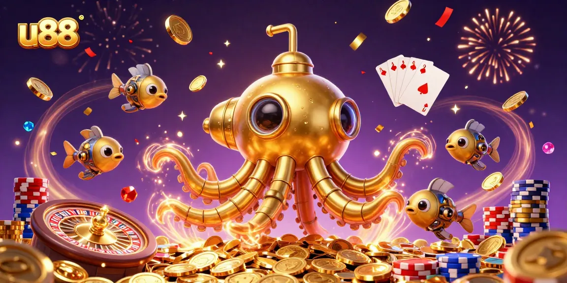 Play exciting games at u88 with a golden kraken submarine amidst a treasure of coins.