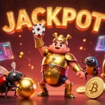 XIM gamers celebrating a jackpot win with a triumphant beetle character in a vibrant casino setting.